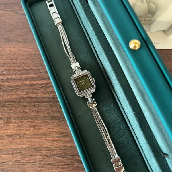 Classic Dark Square Dial Slim Silver Bracelet Watch for Women