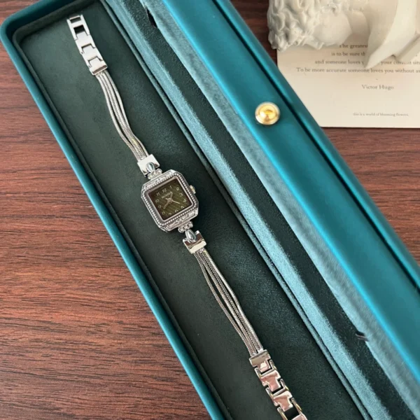 Classic Dark Square Dial Slim Silver Bracelet Watch for Women