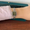 Classic Dark Square Dial Slim Silver Bracelet Watch for Women