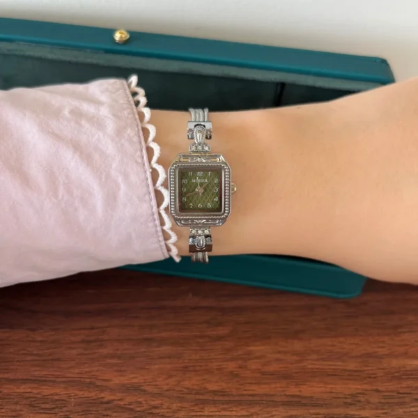Classic Dark Square Dial Slim Silver Bracelet Watch for Women