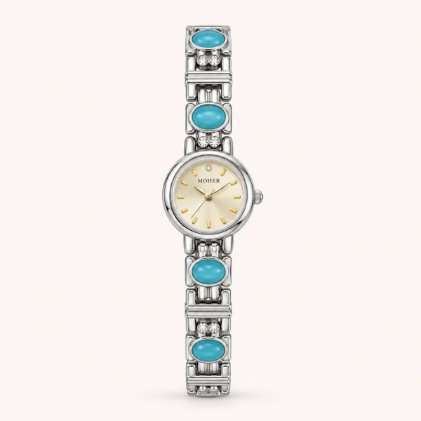 Elegant Blue Accent Round Dial Silver Bracelet Watch for Women