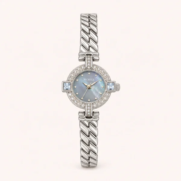 Classic Grey Round Dial Silver Textured Bracelet Watch for Women