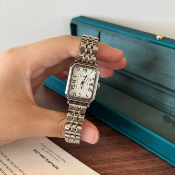 Classic White Rectangle Dial Silver Link Bracelet Watch for Women
