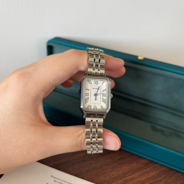 Classic White Rectangle Dial Silver Link Bracelet Watch for Women