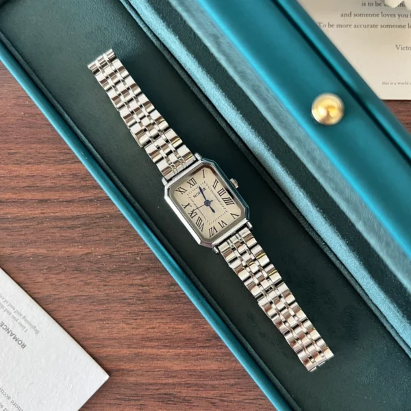 Classic White Rectangle Dial Silver Link Bracelet Watch for Women