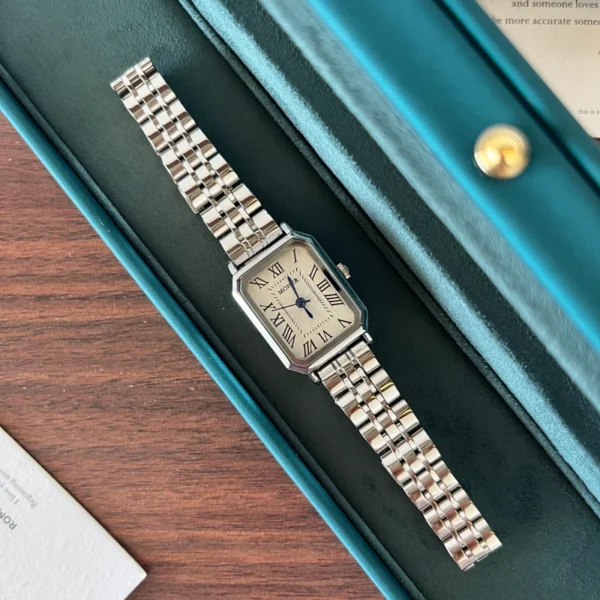 Classic White Rectangle Dial Silver Link Bracelet Watch for Women