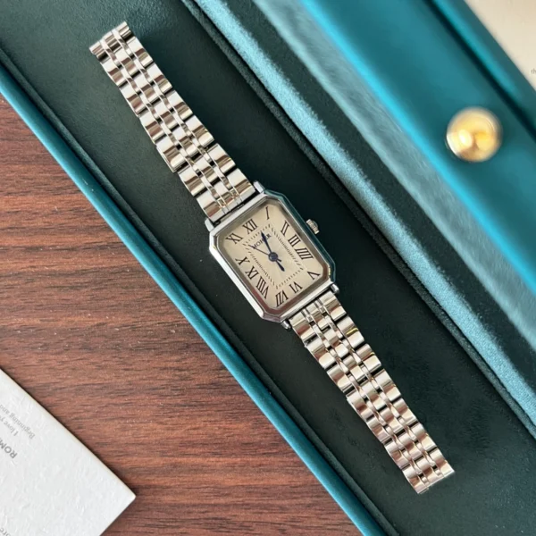 Classic White Rectangle Dial Silver Link Bracelet Watch for Women