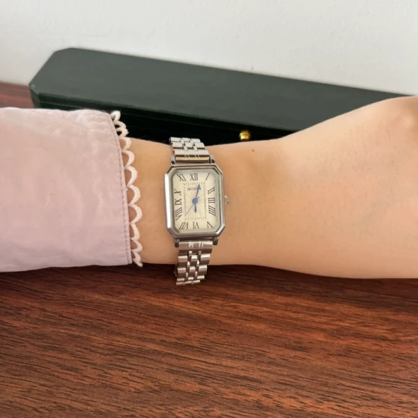 Classic White Rectangle Dial Silver Link Bracelet Watch for Women
