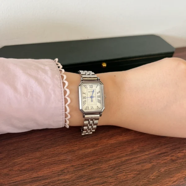 Classic White Rectangle Dial Silver Link Bracelet Watch for Women