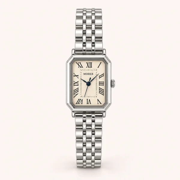 Classic White Rectangle Dial Silver Link Bracelet Watch for Women