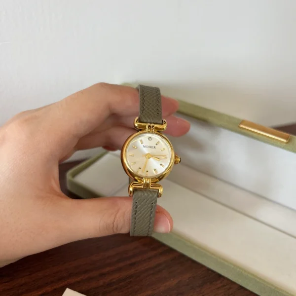Classic Cream Round Dial Grey Strap Watch for Women