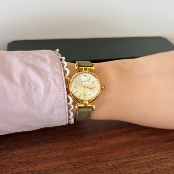Classic Cream Round Dial Grey Strap Watch for Women