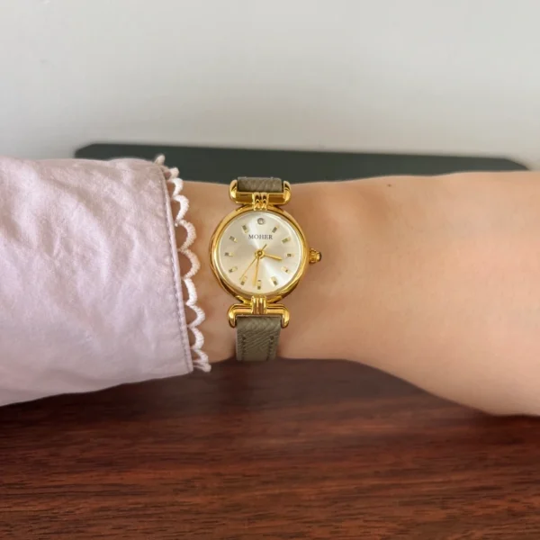 Classic Cream Round Dial Grey Strap Watch for Women