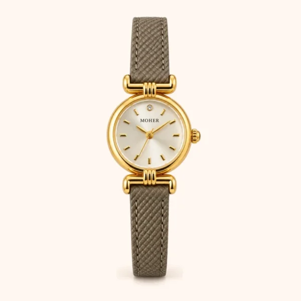 Classic Cream Round Dial Grey Strap Watch for Women