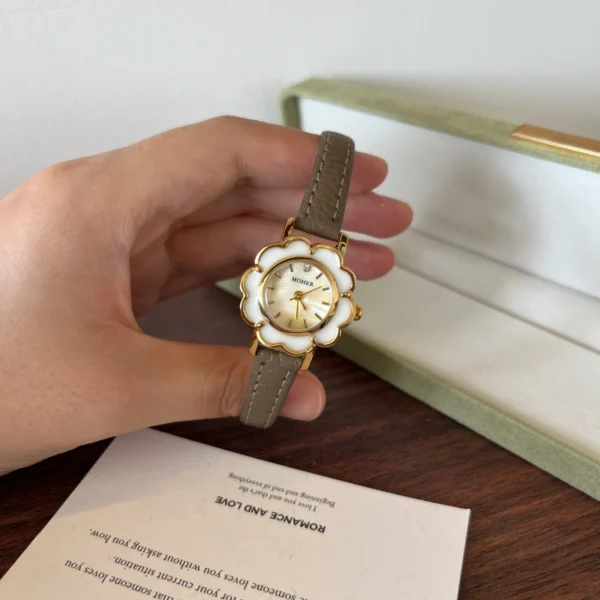 Elegant Cream Floral Dial Grey Strap Watch for Women