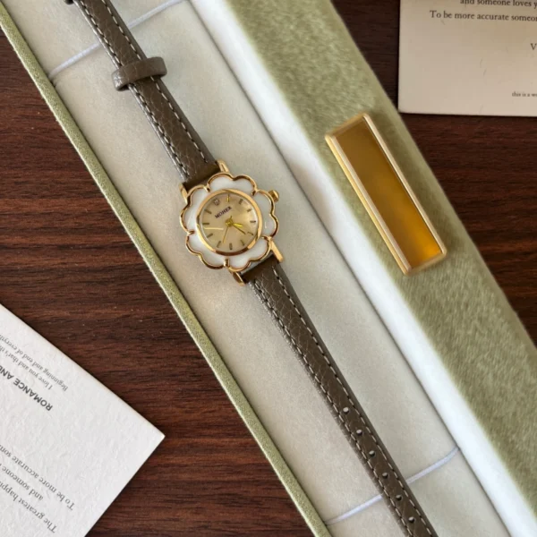 Elegant Cream Floral Dial Grey Strap Watch for Women
