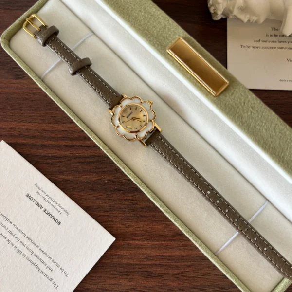 Elegant Cream Floral Dial Grey Strap Watch for Women