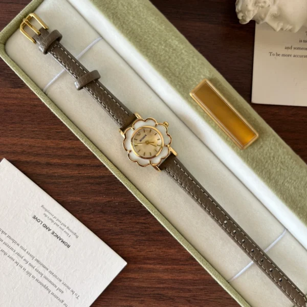 Elegant Cream Floral Dial Grey Strap Watch for Women