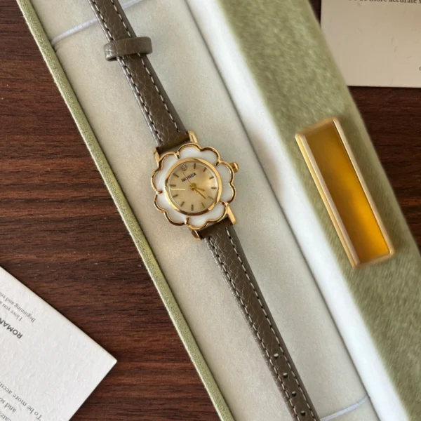 Elegant Cream Floral Dial Grey Strap Watch for Women