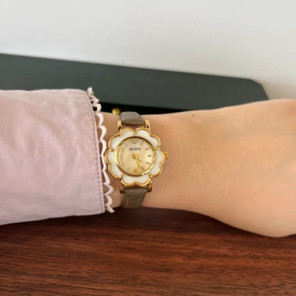 Elegant Cream Floral Dial Grey Strap Watch for Women