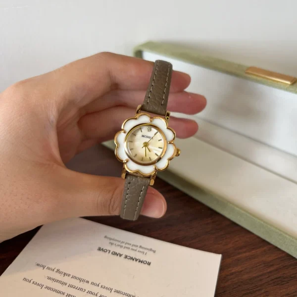Elegant Cream Floral Dial Grey Strap Watch for Women