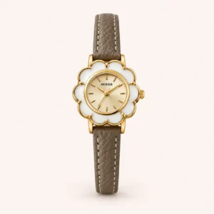 811-main Elegant Cream Floral Dial Grey Strap Watch for Women