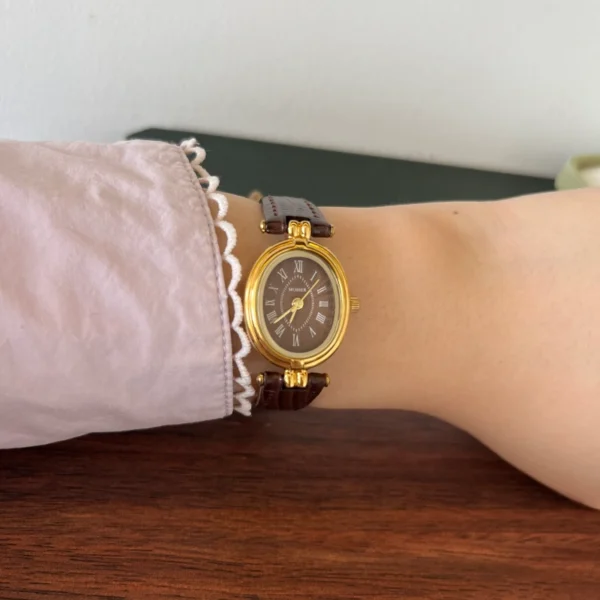 Classic Brown Oval Dial Textured Brown Strap Watch for Women