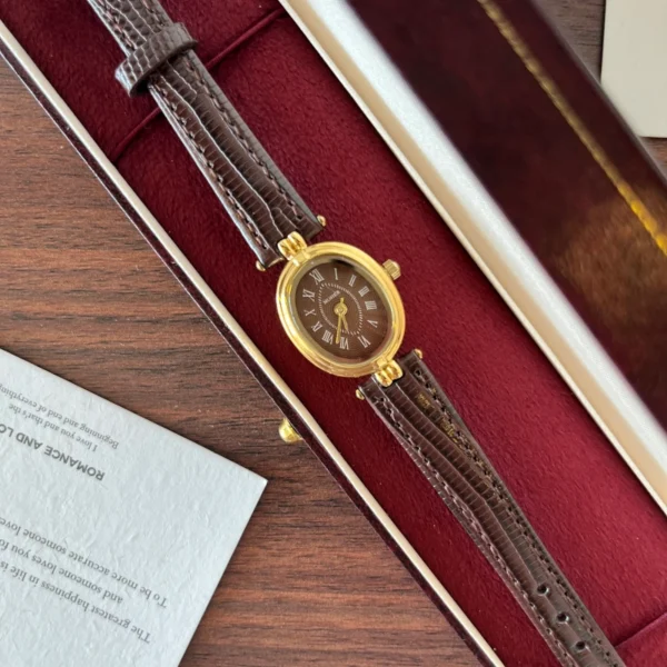 Classic Brown Oval Dial Textured Brown Strap Watch for Women