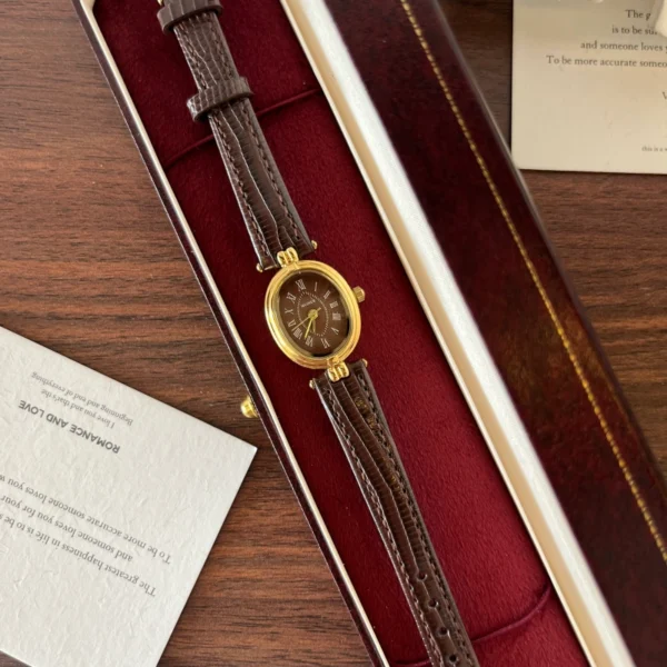 Classic Brown Oval Dial Textured Brown Strap Watch for Women