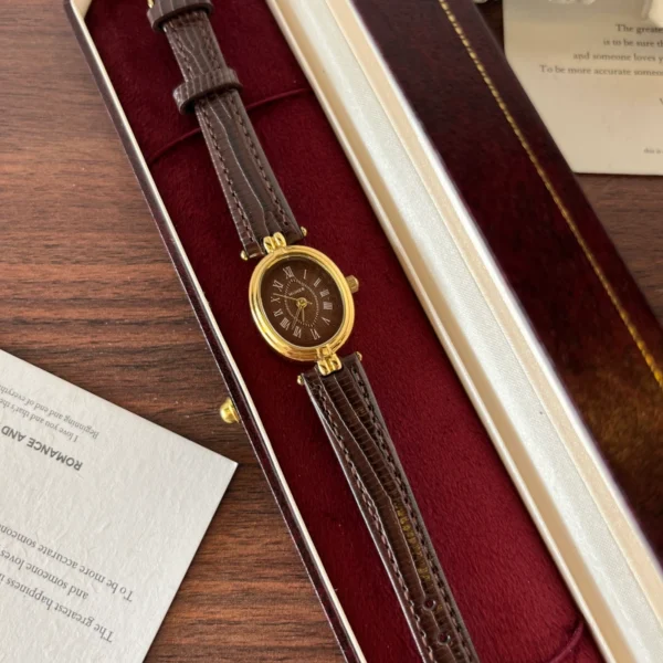 Classic Brown Oval Dial Textured Brown Strap Watch for Women