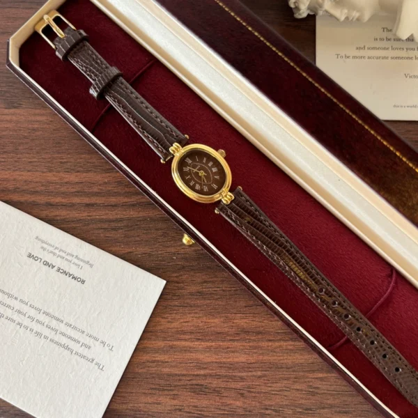 Classic Brown Oval Dial Textured Brown Strap Watch for Women