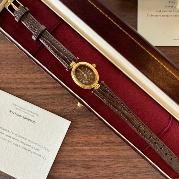 Classic Brown Oval Dial Textured Brown Strap Watch for Women