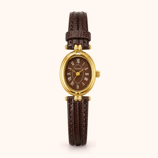 Classic Brown Oval Dial Textured Brown Strap Watch for Women