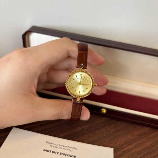 Classic Gold Round Dial Burgundy Strap Watch for Women