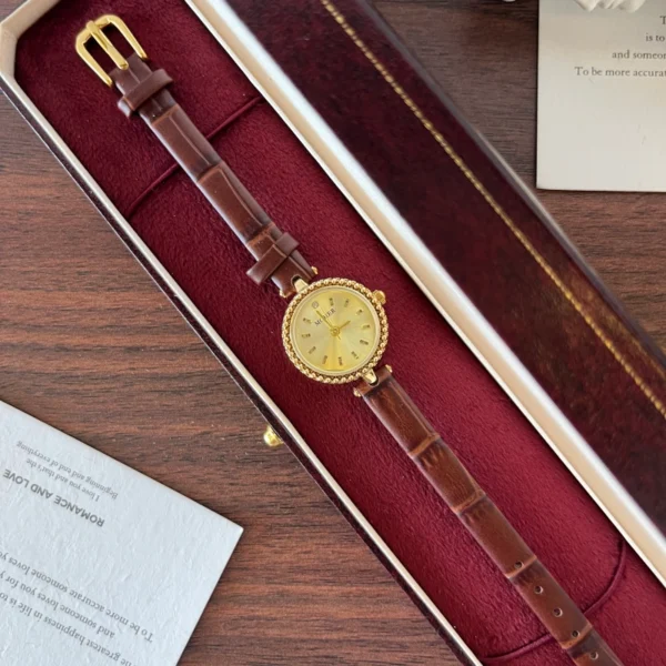 Classic Gold Round Dial Burgundy Strap Watch for Women