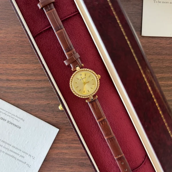 Classic Gold Round Dial Burgundy Strap Watch for Women