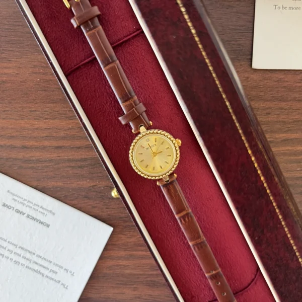 Classic Gold Round Dial Burgundy Strap Watch for Women