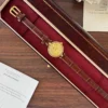 Classic Gold Round Dial Burgundy Strap Watch for Women