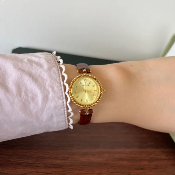 Classic Gold Round Dial Burgundy Strap Watch for Women