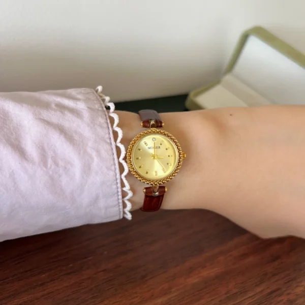 Classic Gold Round Dial Burgundy Strap Watch for Women
