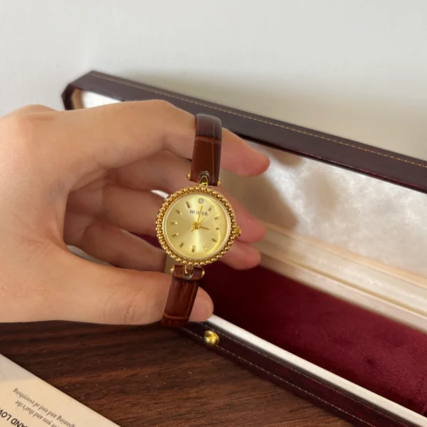Classic Gold Round Dial Burgundy Strap Watch for Women