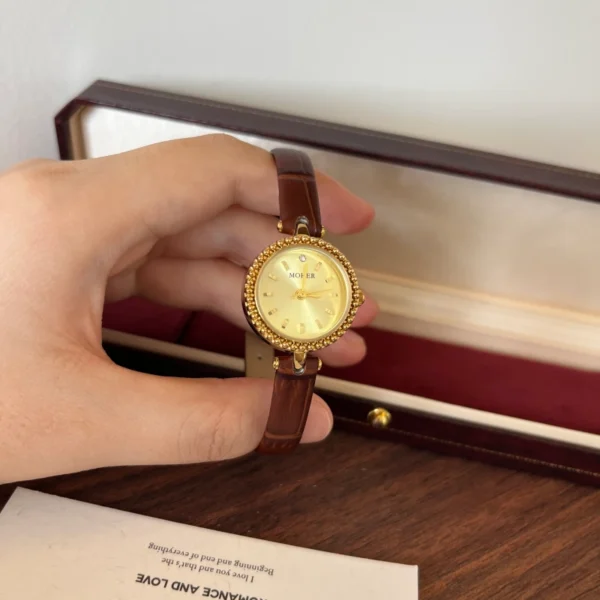 Classic Gold Round Dial Burgundy Strap Watch for Women