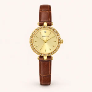 814-main Classic Gold Round Dial Burgundy Strap Watch for Women
