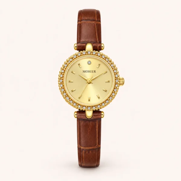 Classic Gold Round Dial Burgundy Strap Watch for Women