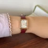 Classic Cream Rectangle Dial Burgundy Stitched Strap Watch for Women