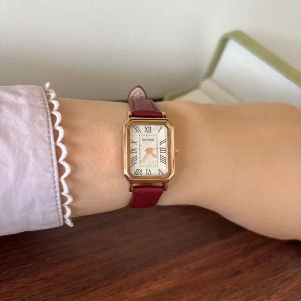 Classic Cream Rectangle Dial Burgundy Stitched Strap Watch for Women