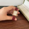 Classic Cream Rectangle Dial Burgundy Stitched Strap Watch for Women