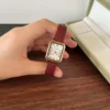Classic Cream Rectangle Dial Burgundy Stitched Strap Watch for Women