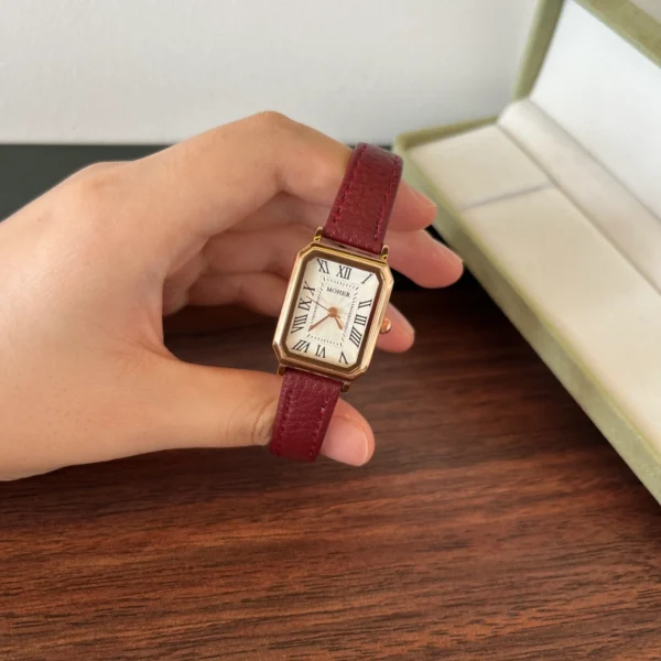 Classic Cream Rectangle Dial Burgundy Stitched Strap Watch for Women