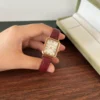 Classic Cream Rectangle Dial Burgundy Stitched Strap Watch for Women